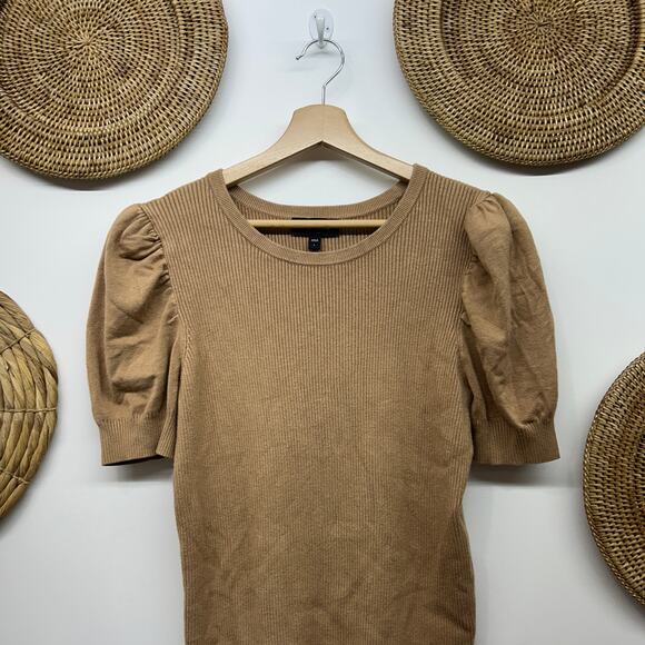 Express Short Sleeve Knit Sweater Large Neutral Brown Puff Sleeve Ribbed Preppy - Picture 3 of 6